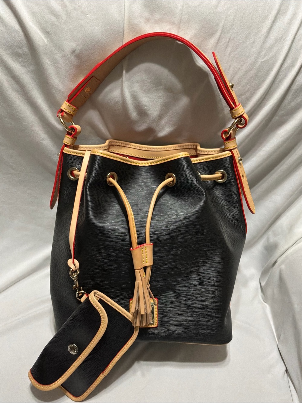 NWOT Dooney & Bourke Black Cork Leather Drawstring Shoulder Bag and Red Accents